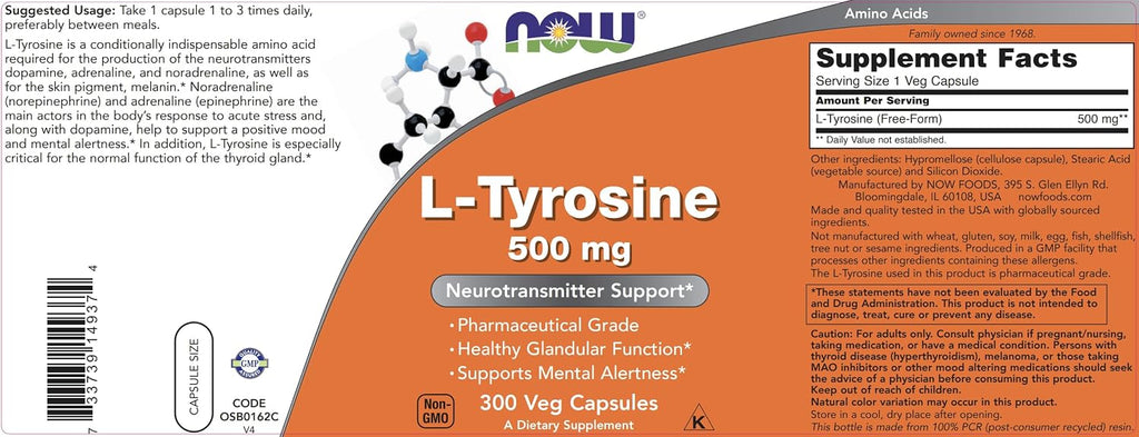 Now Foods L-Tirosina 500 mg, 300 Cápsulas - No OGM - Aminoácido Libre