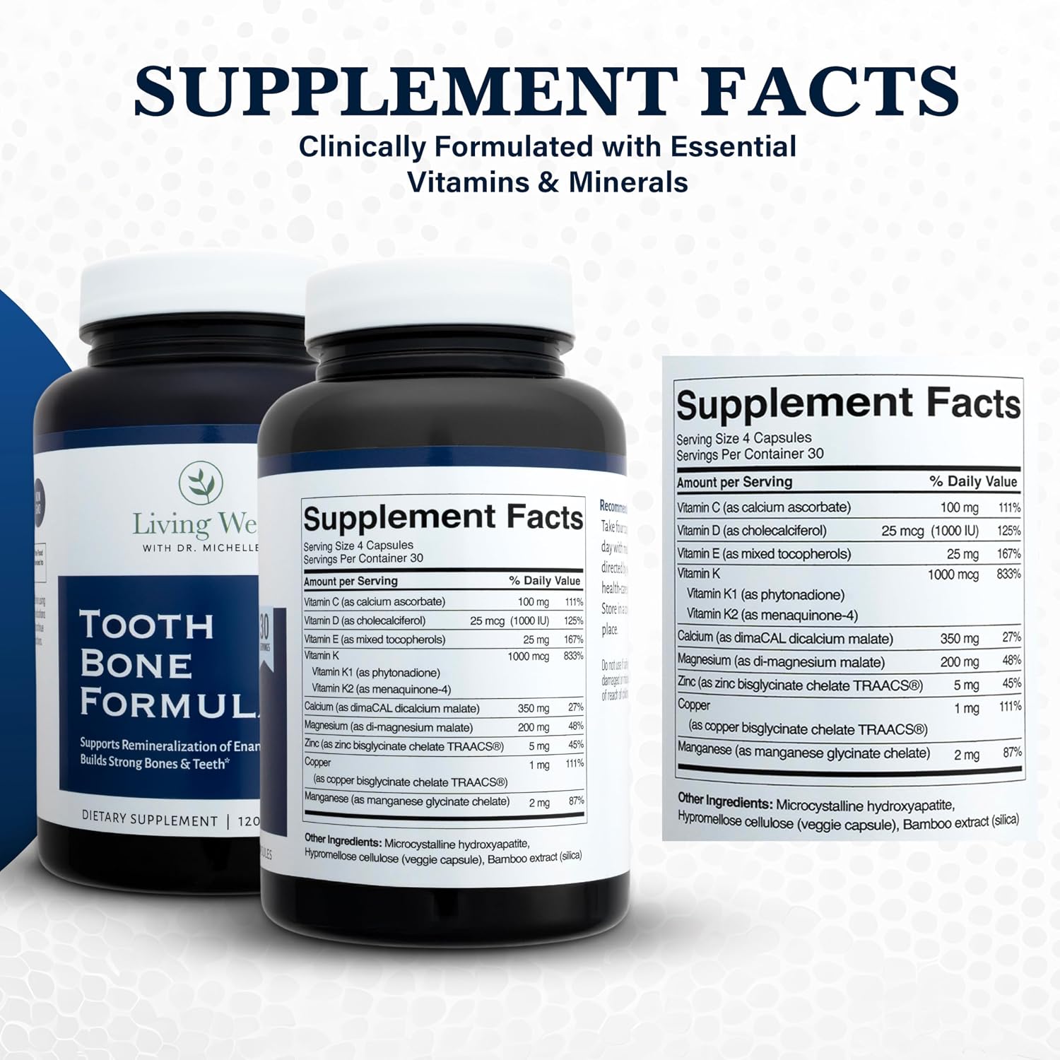 Living Well Dr. Michelle Tooth and Bone Formula con D3, K2 - 120 Cápsulas
