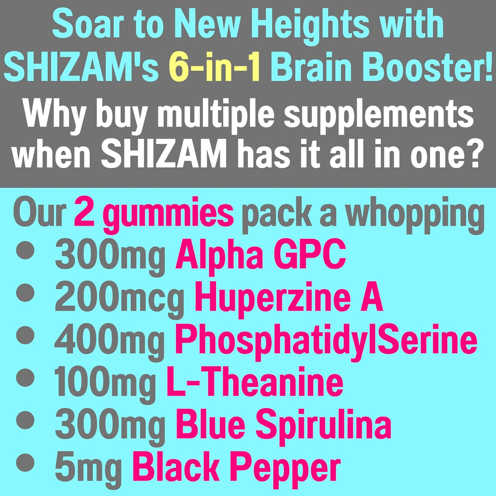 SHIZAM Gominolas Brain Elevator 6 en 1: Alpha GPC, Huperzina A, Fosfatidilserina, L-Teanina, Espirulina Azul y Bioperina
