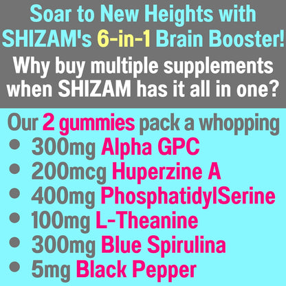 SHIZAM Gominolas Brain Elevator 6 en 1: Alpha GPC, Huperzina A, Fosfatidilserina, L-Teanina, Espirulina Azul y Bioperina – Image 2