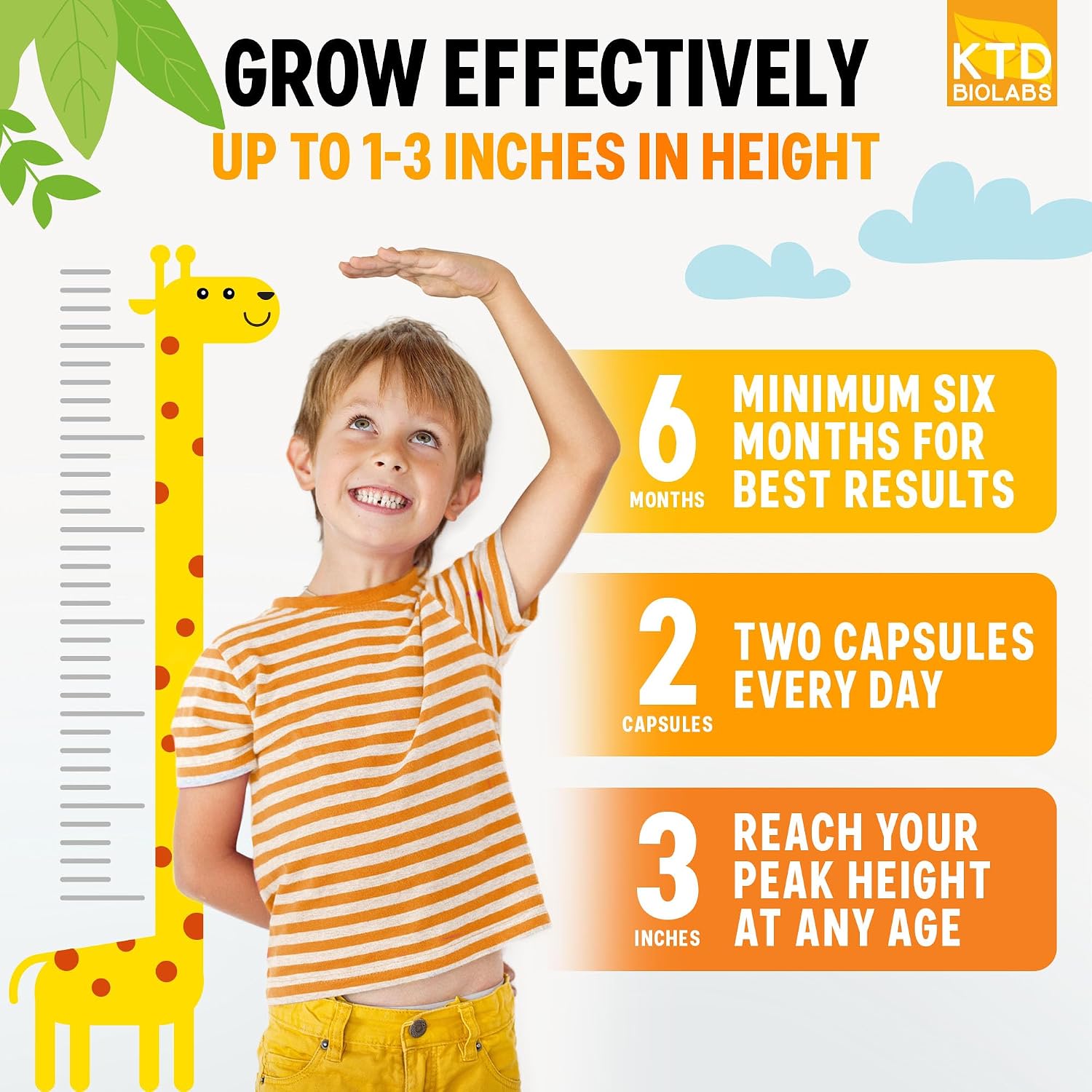KTD BIOLABS Kids Height Growth Support Capsules – Fórmula de Desarrollo con Calcio, Vitamina D3 y Zinc – Apoyo Óseo y Nutricional para Niños y Adolescentes – Mezcla de Aminoácidos – 120 Cápsulas