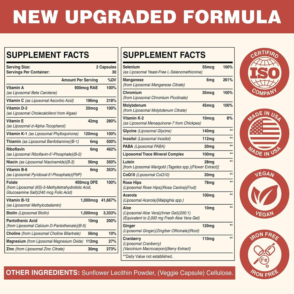 Sambugra Multivitamínico Liposomal para Mujeres 50+ - 32 Ingredientes con CoQ10, Vitaminas C, B, D, E - Sin Hierro (60 Cápsulas)