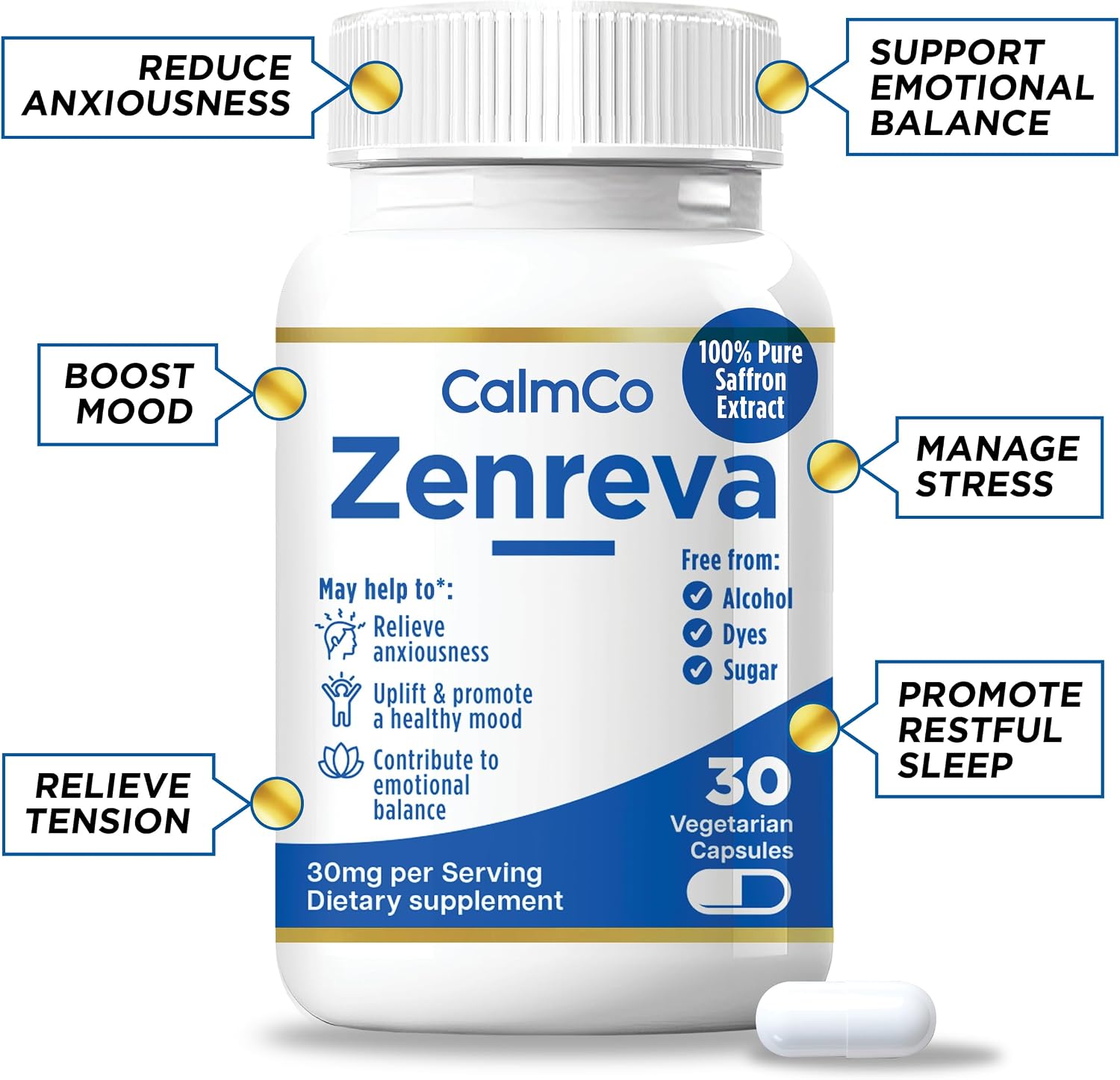 CalmCo Zenreva - Extracto Puro de Azafrán, 30 Cápsulas Veganas