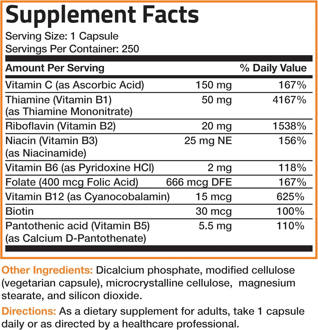 Bronson Complejo B con Vitamina C – 250 Cápsulas Vegetarianas