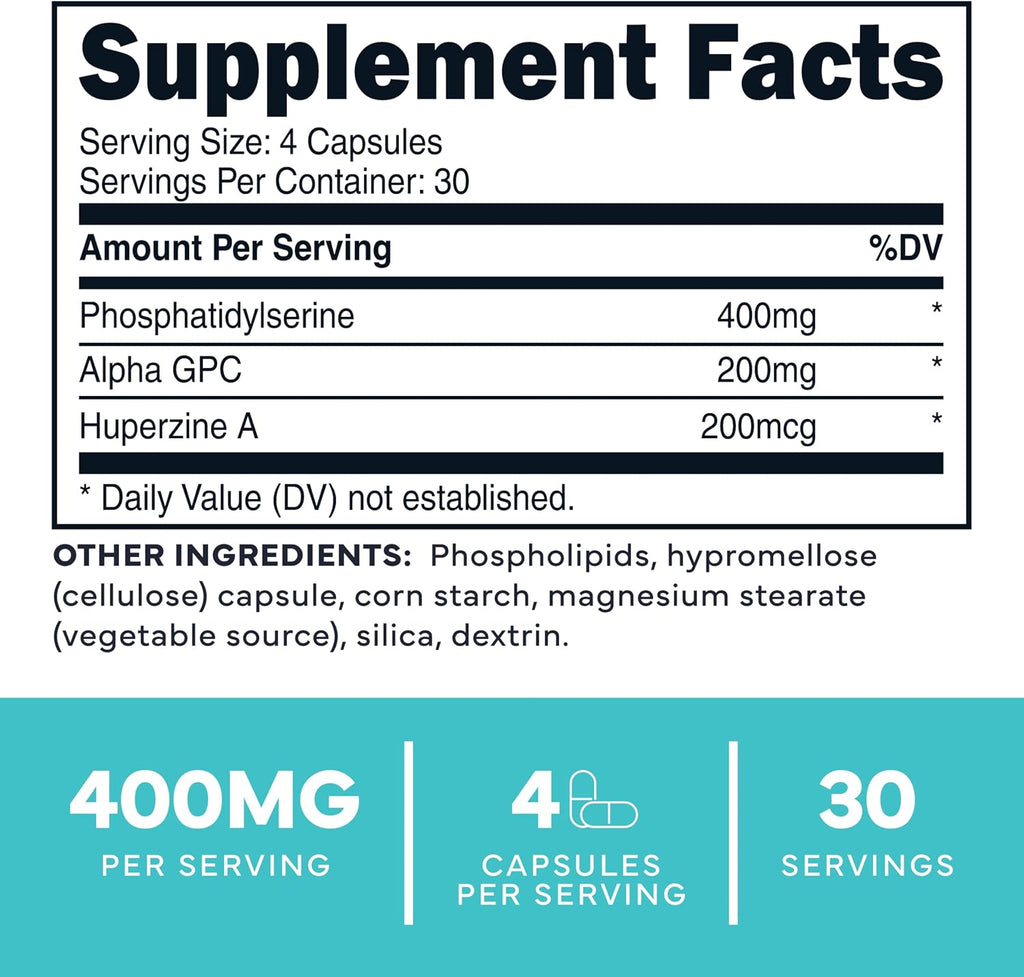 Phosphatidylserine 3X Strength - Suplemento de apoyo cerebral con Alpha GPC y Huperzina A
