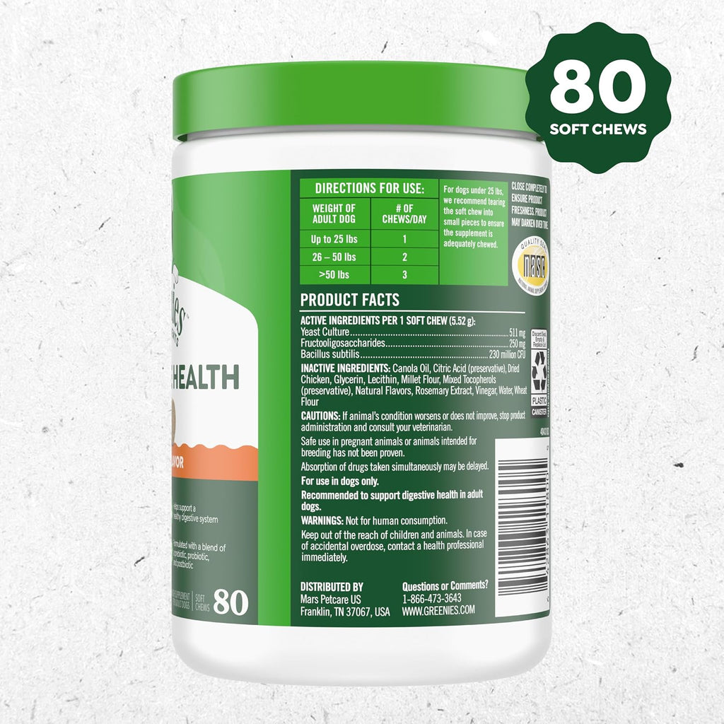 Greenies Digestive Health Suplemento con Probióticos para Perros, Masticables Sabor Pollo, 80 unidades
