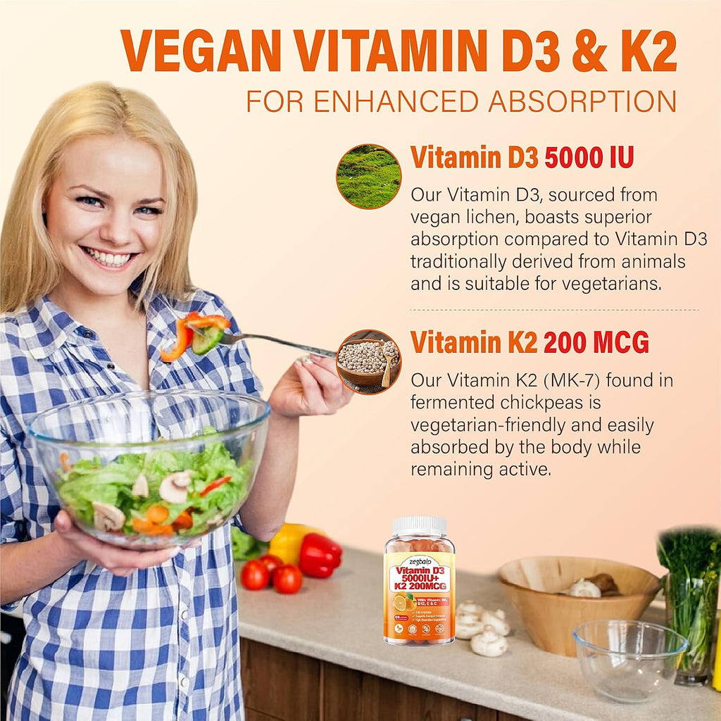 2 Paquetes de Gominolas de Vitamina D3 y K2 para Adultos, Sin Azúcar, Vitamina D3 5000UI + K2 (MK-7) 200mcg Suplemento con Complejo B y Vitaminas C y E, para Huesos, Músculos, Dientes e Inmunidad, Vegano, Sin Gluten