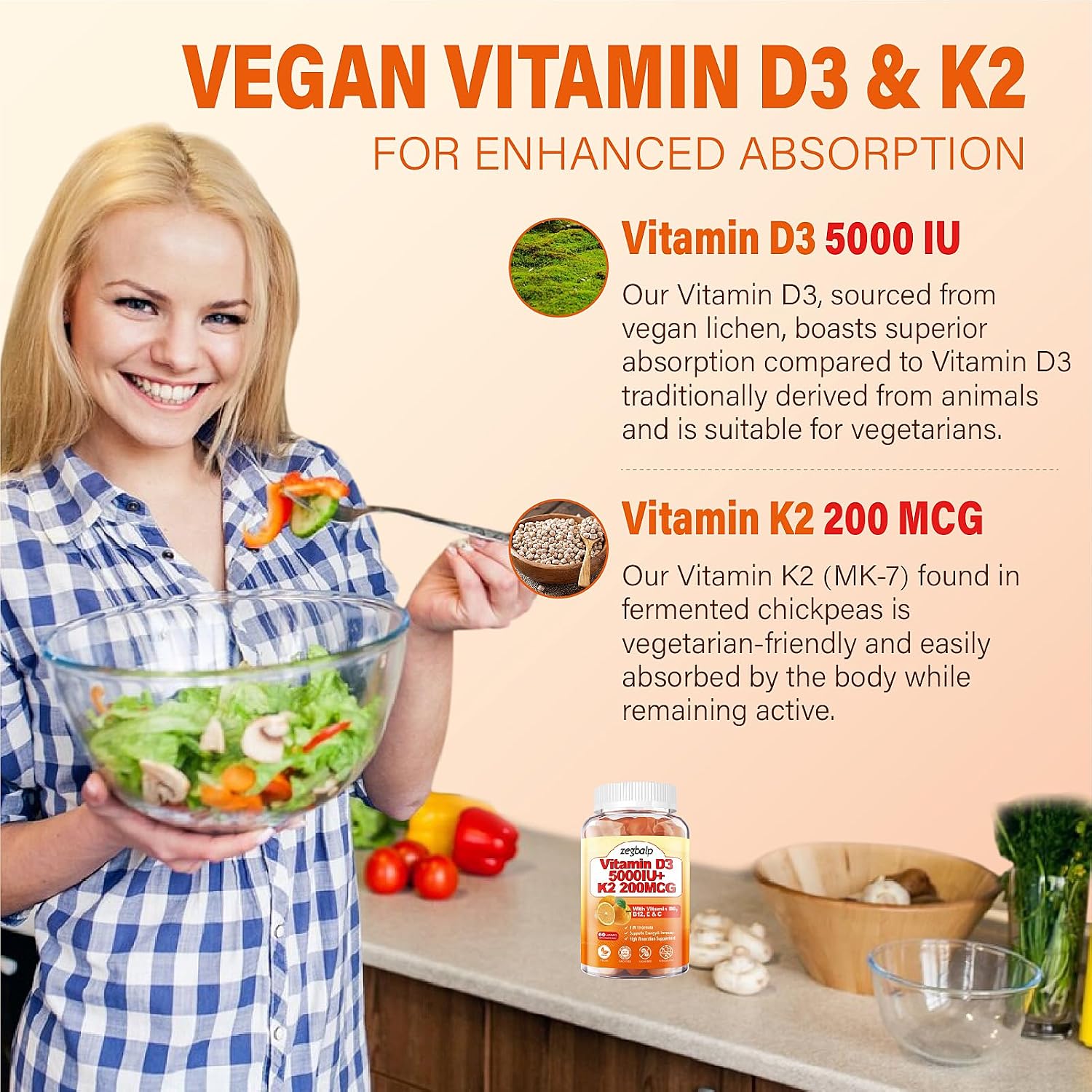 2 Paquetes de Gominolas de Vitamina D3 y K2 para Adultos, Sin Azúcar, Vitamina D3 5000UI + K2 (MK-7) 200mcg Suplemento con Complejo B y Vitaminas C y E, para Huesos, Músculos, Dientes e Inmunidad, Vegano, Sin Gluten