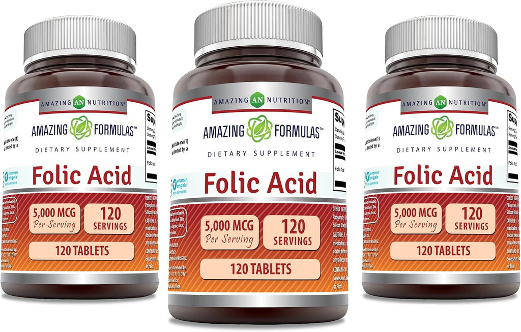 Amazing Formulas Ácido Fólico 5000 mcg por dosis | Complemento alimenticio en comprimidos | No transgénico, sin gluten | Fabricado en EE. UU. (Paquete de 3 | 120 comprimidos cada uno)