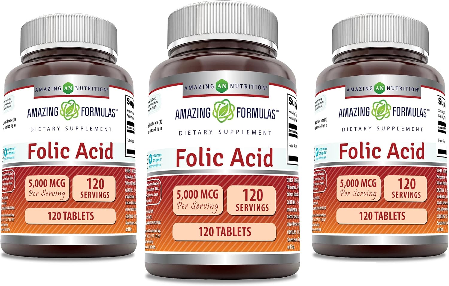 Amazing Formulas Ácido Fólico 5000 mcg por dosis | Complemento alimenticio en comprimidos | No transgénico, sin gluten | Fabricado en EE. UU. (Paquete de 3 | 120 comprimidos cada uno)