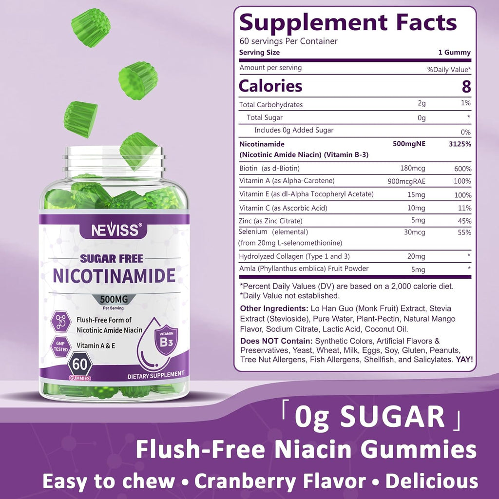 Gominolas de Nicotinamida 500mg sin Azúcar, (Niacinamida sin Flush) Suplemento de Vitamina B3 para Metabolismo Energético y Vitalidad, Sabor Arándano, 120 Unidades