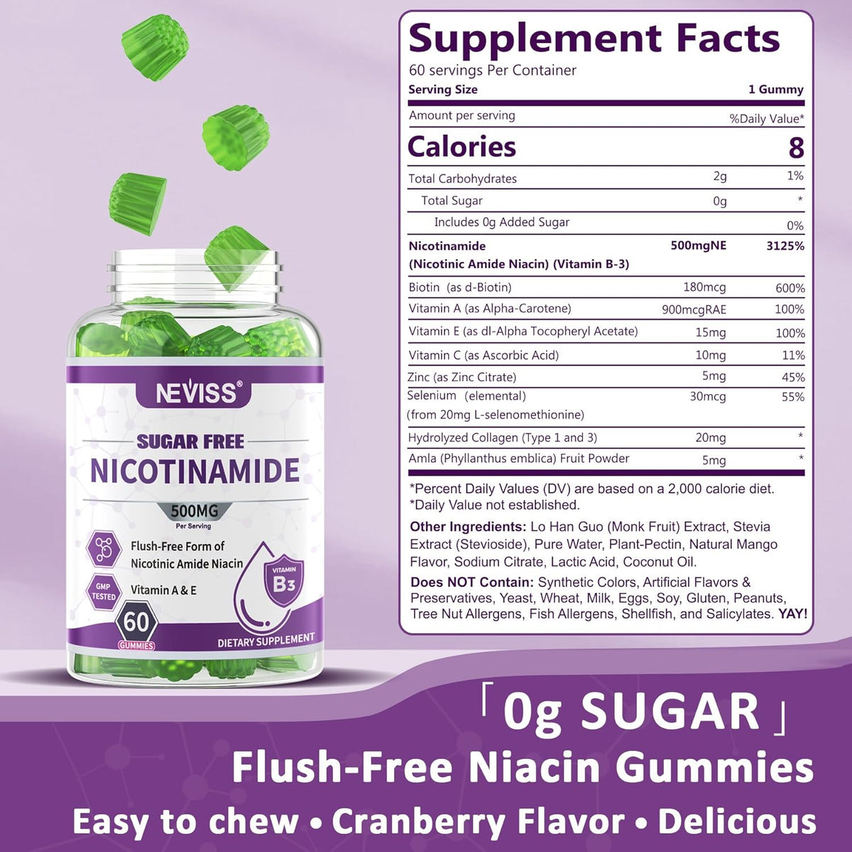Gominolas de Nicotinamida 500mg sin Azúcar, (Niacinamida sin Flush) Suplemento de Vitamina B3 para Metabolismo Energético y – Image 2