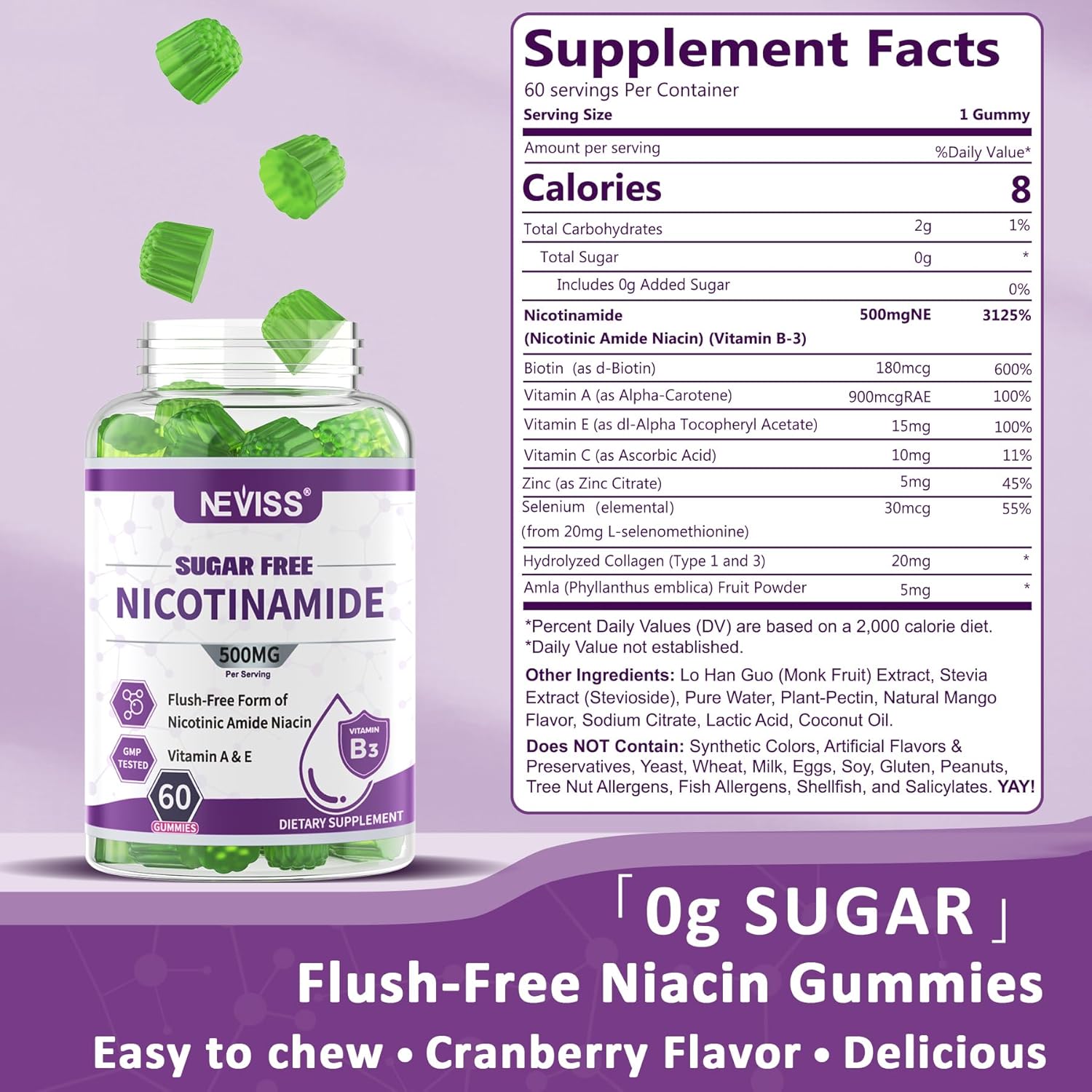 Gominolas de Nicotinamida 500mg sin Azúcar, (Niacinamida sin Flush) Suplemento de Vitamina B3 para Metabolismo Energético y Vitalidad, Sabor Arándano, 120 Unidades