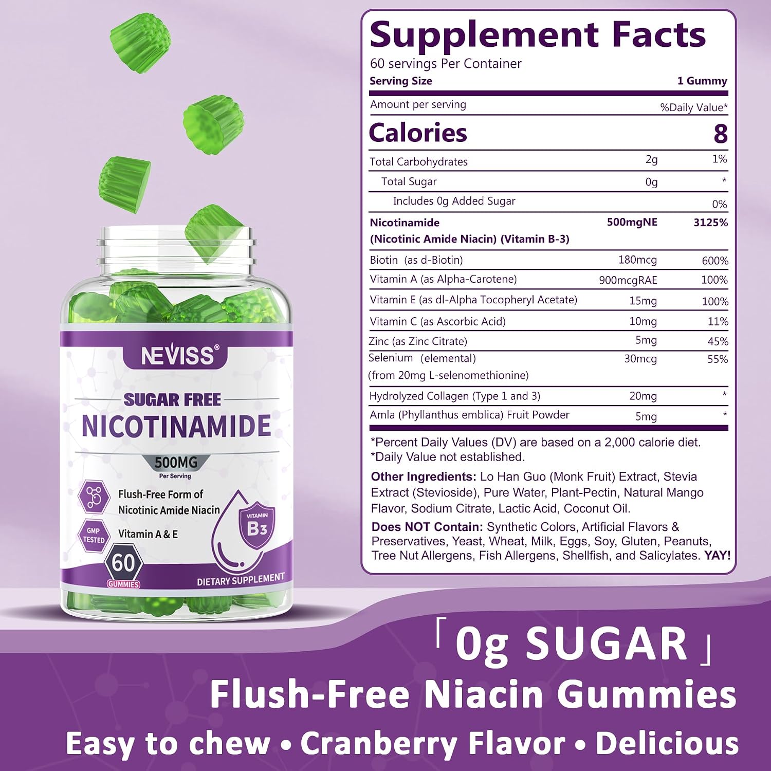 Nicotinamida 500mg Gominolas (Vitamina B3 Niacinamide) Sin Azúcar - 60 Gominolas