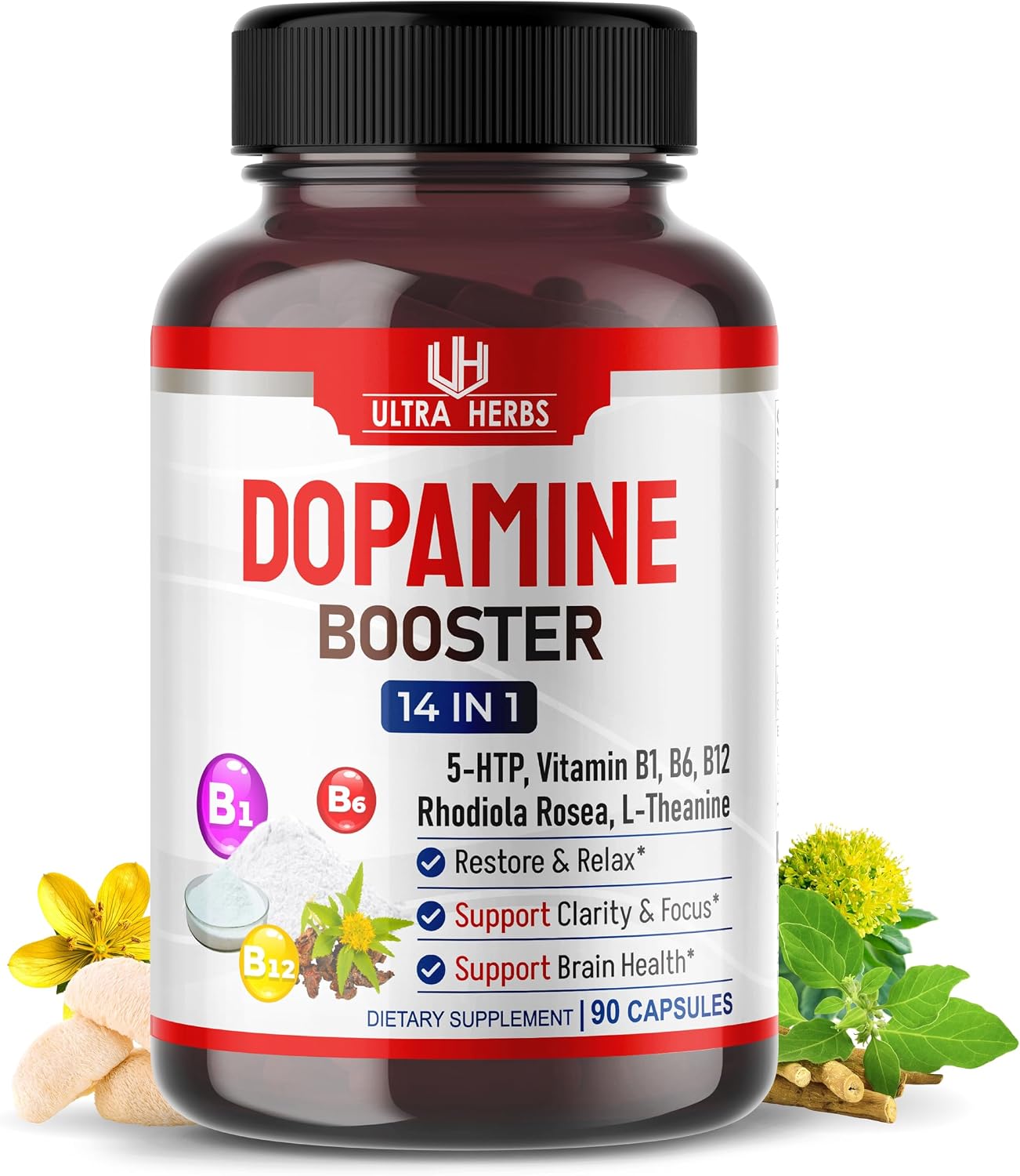 Dopamine Focus - Suplemento con Ashwagandha, 5-HTP, Rhodiola, L-Theanina y Vitaminas B