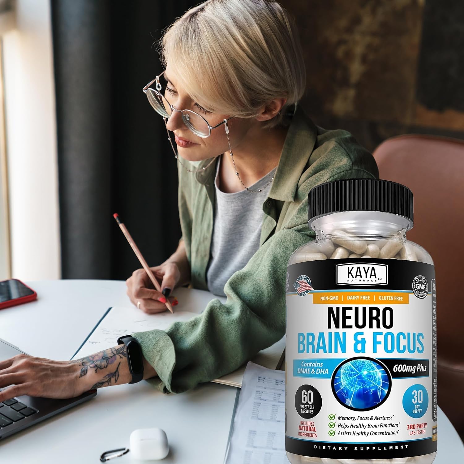 Kaya Naturals Neuro Brain - Cápsulas de apoyo cerebral para memoria y concentración - 60 unidades