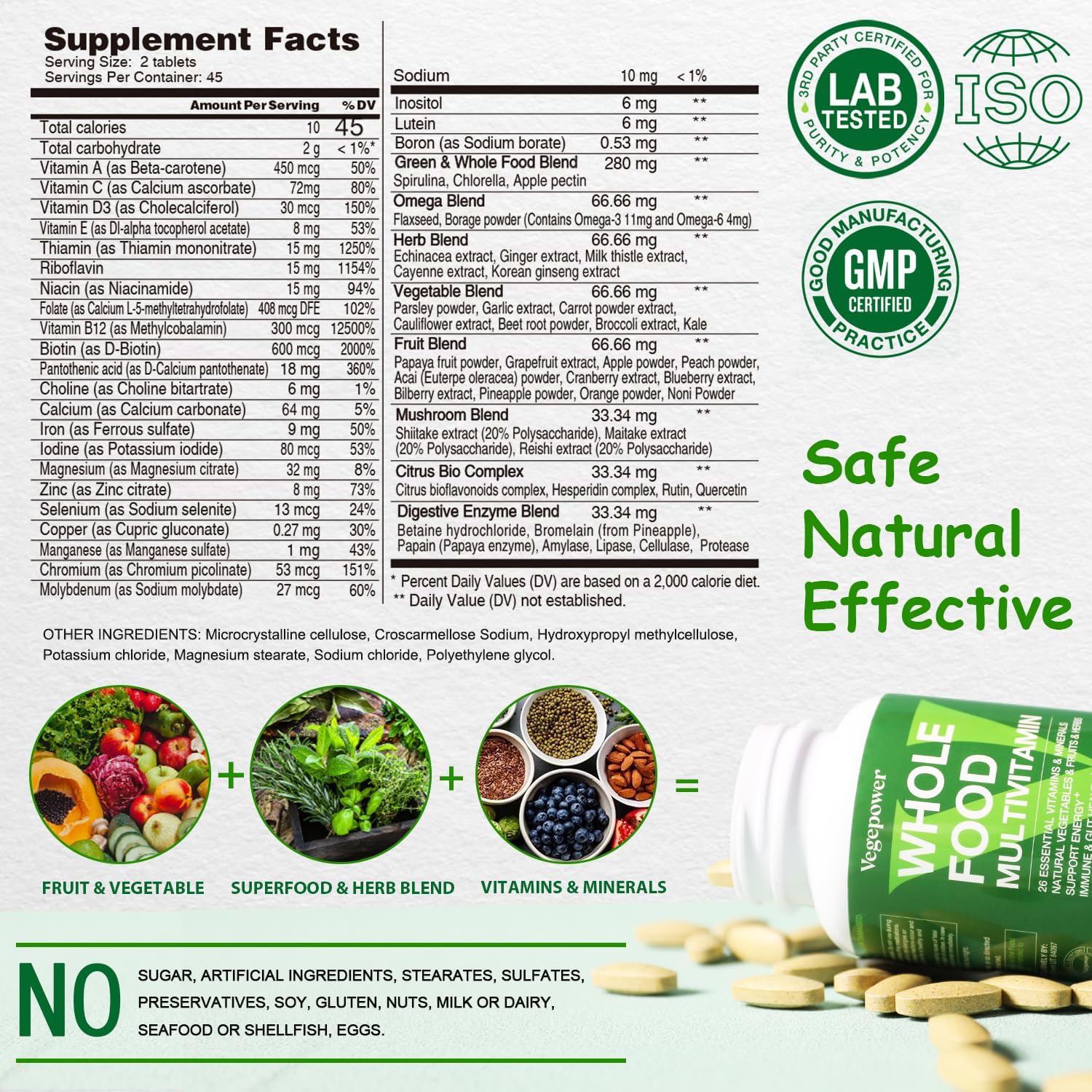 VEGEPOWER Multivitamínico Vegano con Hierro, Metilado, Complejo B, Frutas y Verduras, Enzimas, Omega, Hongos, 90 Comprimidos