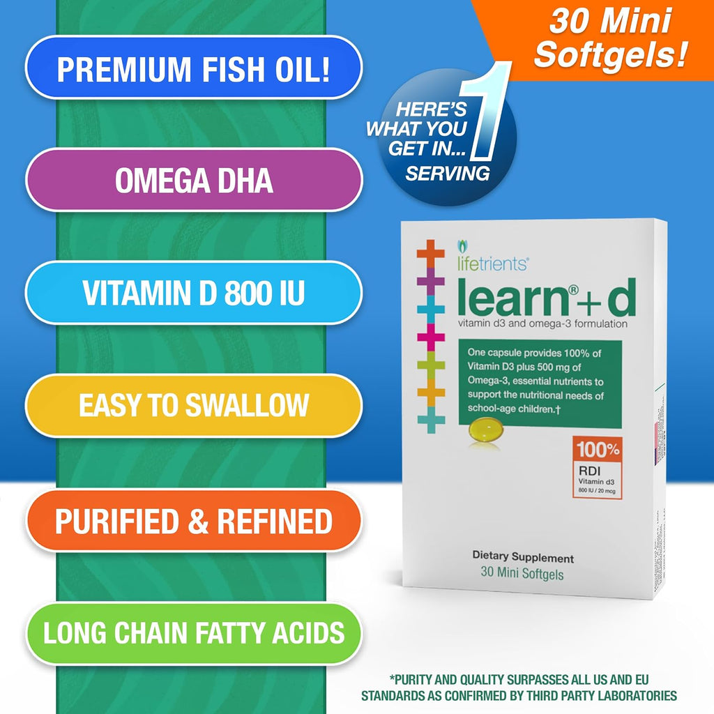 Lifetrients Learn+D — Vitamina D3 y Omega-3 para Niños — 30 Mini Softgels — Salud Ósea, Inmunidad y Nutrición Cerebral
