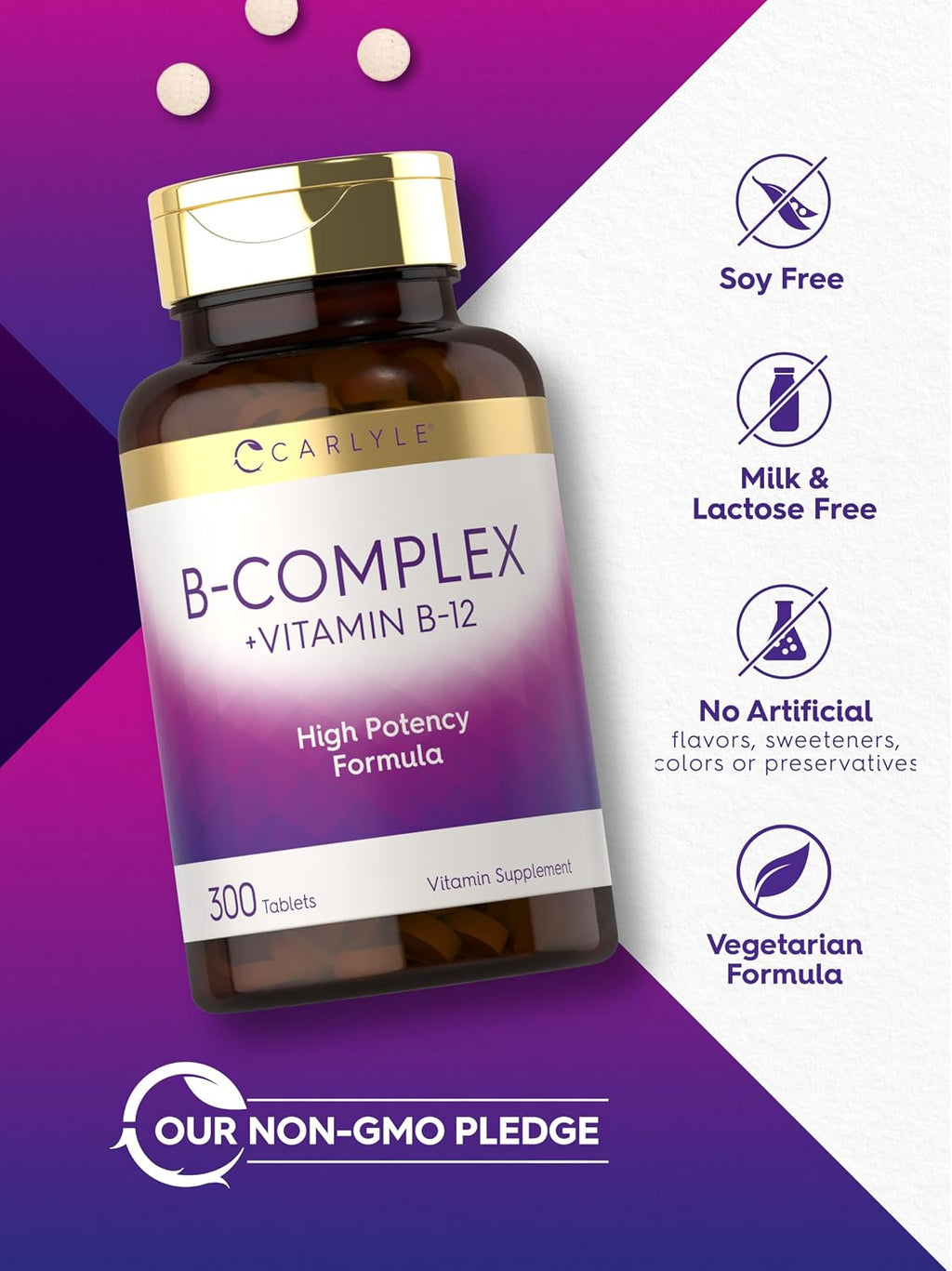 Complejo B con B12 de Carlyle | 300 Comprimidos | Fórmula de Alta Potencia | Suplemento Vegetariano y No-GMO