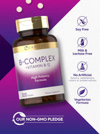 Complejo B con B12 de Carlyle | 300 Comprimidos | Fórmula de Alta Potencia | Suplemento Vegetariano y No-GMO
