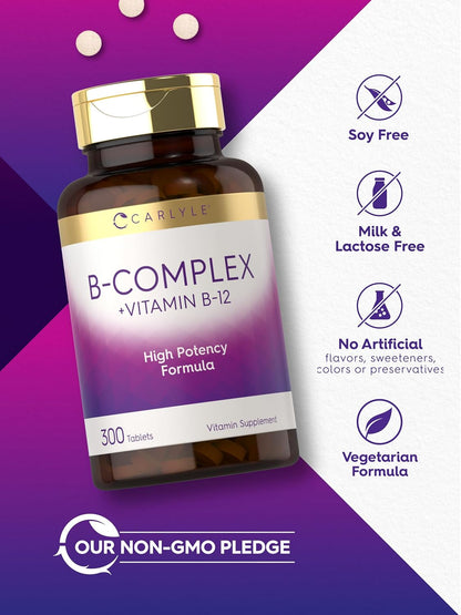 Complejo B con B12 de Carlyle | 300 Comprimidos | Fórmula de Alta Potencia | Suplemento Vegetariano y No-GMO – Image 5