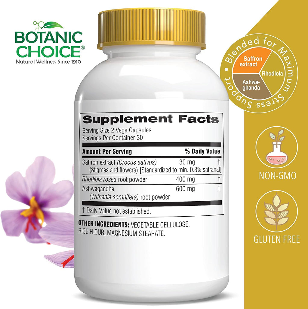Botanic Choice Stress Complex Cápsulas - Apoyo para el Estado de Ánimo y la Memoria con Azafrán, Ashwagandha, Rhodiola - Sin Gluten, 60 Cápsulas