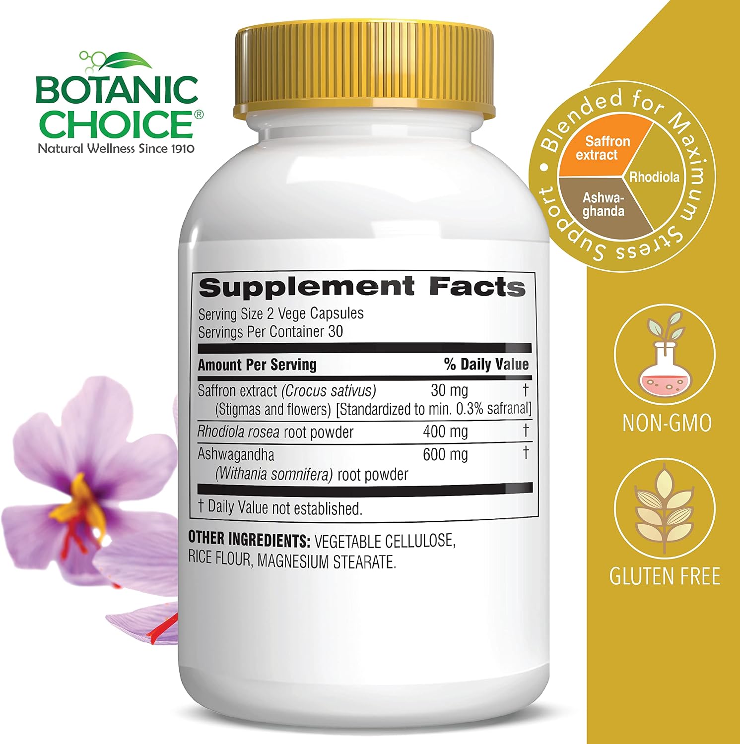 Botanic Choice Stress Complex Cápsulas - Apoyo para el Estado de Ánimo y la Memoria con Azafrán, Ashwagandha, Rhodiola - Sin Gluten, 60 Cápsulas