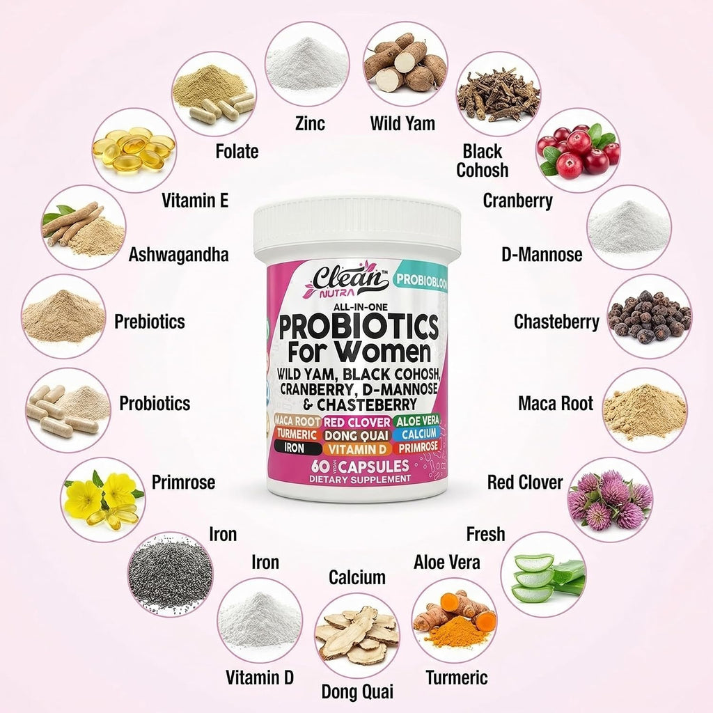 Clean Nutraceuticals Probióticos para Mujeres con D-Manosa, Arándano Rojo, Ñame Salvaje, Sauzgatillo - 20 Cepas Probióticas y Prebióticas - Equilibrio del pH, Probiótico Femenino para la Salud Digestiva - 60 Cápsulas