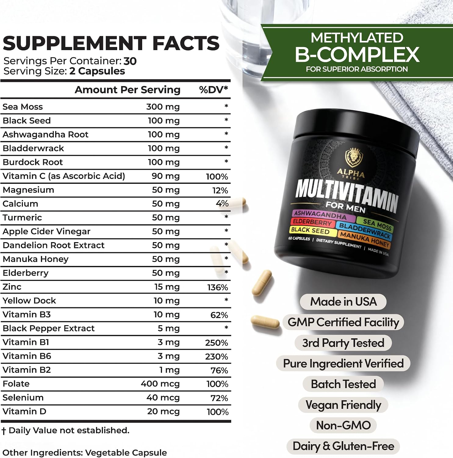 Alpha Tribe Multivitamínico para Hombres con Seamoss, Ashwagandha, Black Seed Oil y Más