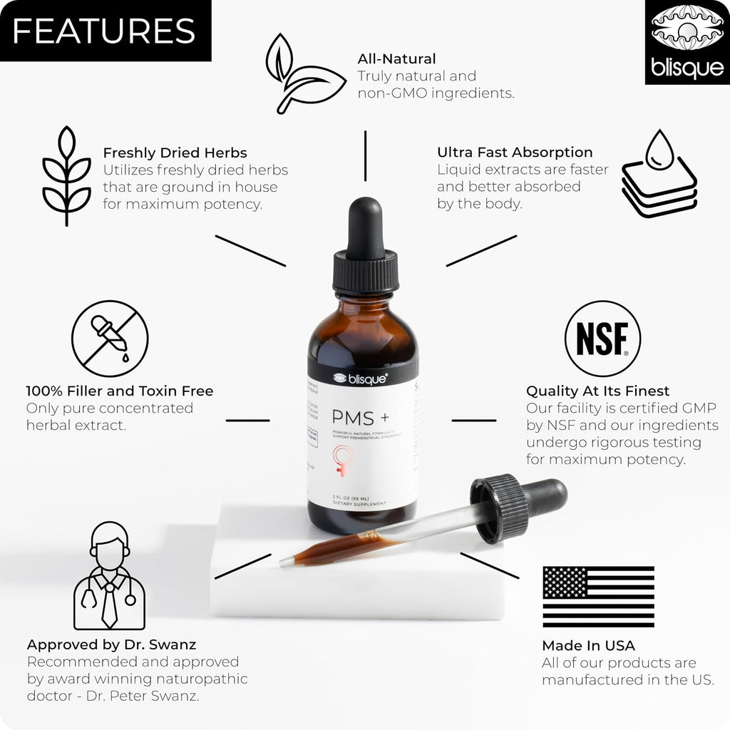 Blisque PMS+ – Suplemento Natural para el Síndrome Premenstrual, Alivio de Cólicos e Hinchazón | Equilibrio Hormonal | Vegano y No-GMO | 59 ml | 59 Dosis