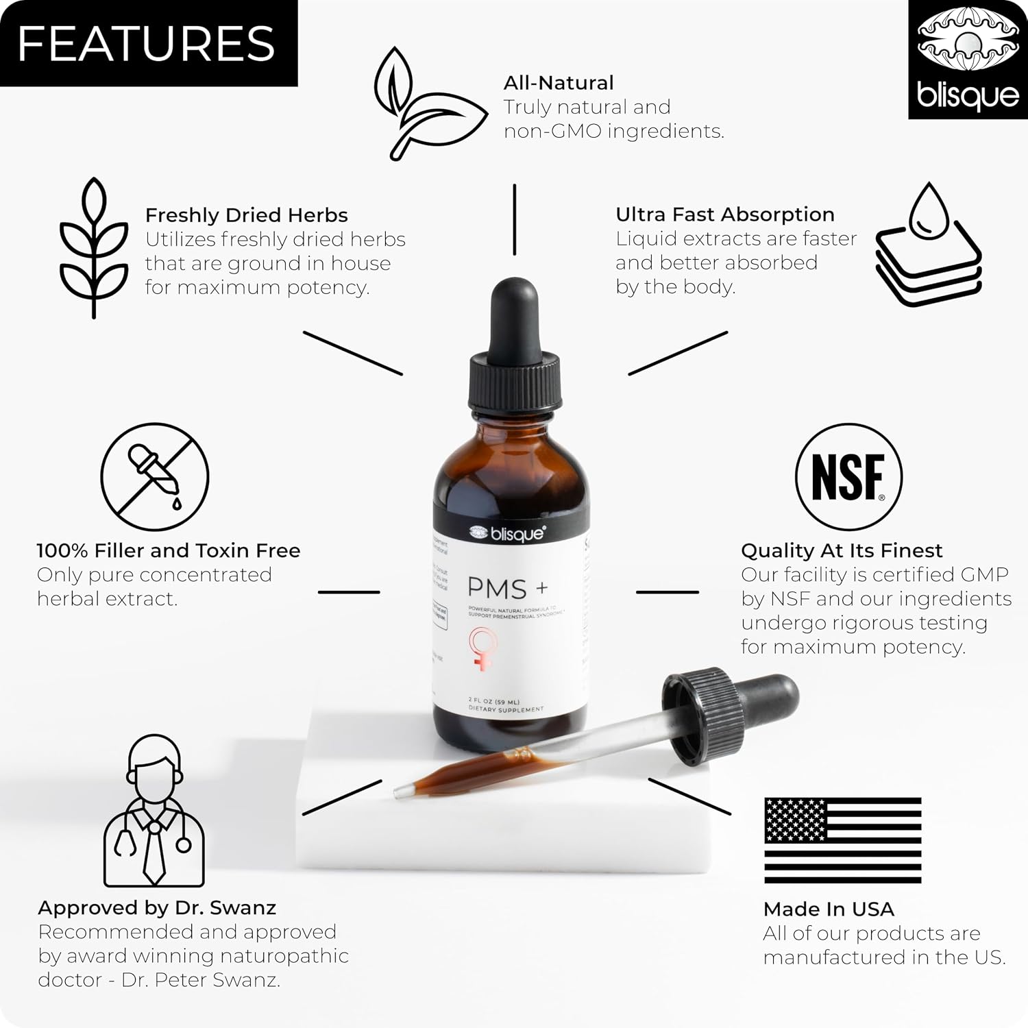 Blisque PMS+ – Suplemento Natural para el Síndrome Premenstrual, Alivio de Cólicos e Hinchazón | Equilibrio Hormonal | Vegano y No-GMO | 59 ml | 59 Dosis