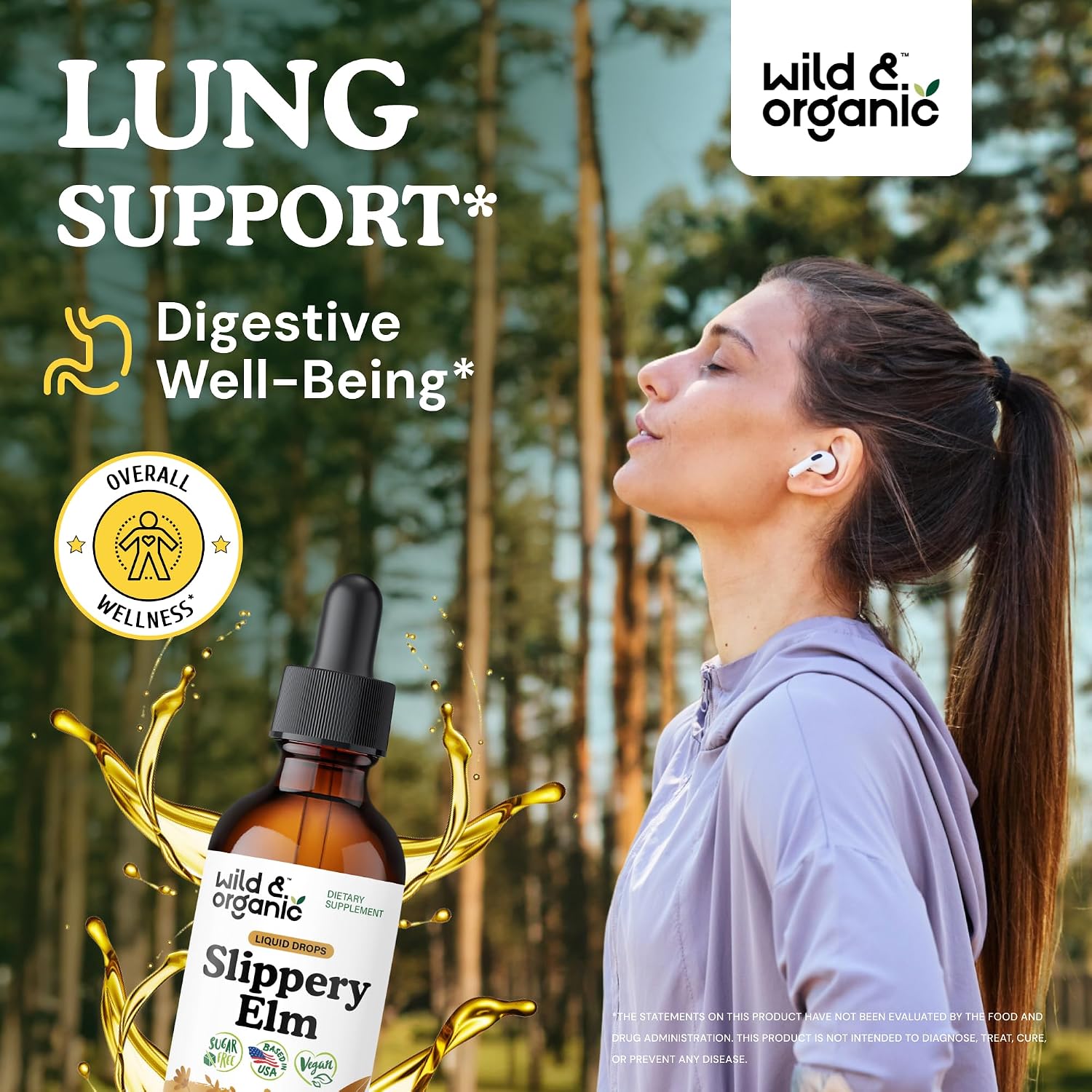 Wild & Organic Gotas de Olmo Resbaladizo - Extracto Líquido de Corteza de Ulmus Rubra - Sin Alcohol, Vegano - 2 fl oz
