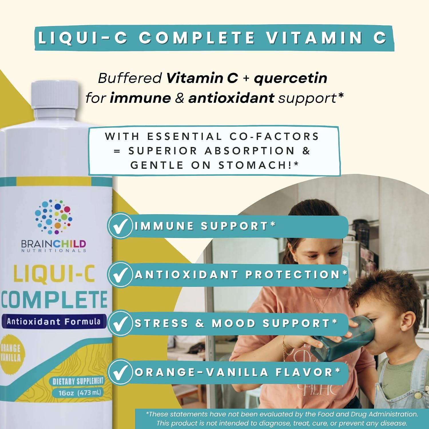 BrainChild Nutritionals Liqui-C Complete Liquid Vitamin C - Buffered Ascorbic Acid with Quercetin & Bioflavonoids for Immune Support - Gluten-Free, Orange-Vanilla Flavor - 473 ml