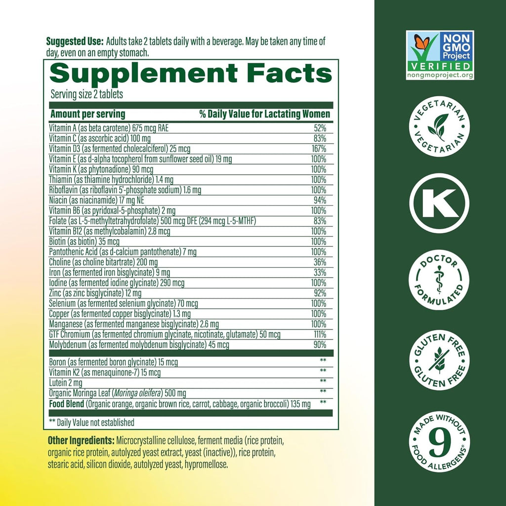 MegaFood Baby & Me 2 Vitaminas Postnatales para Mujeres en Lactancia con Folato, Colina, Yodo, Vitamina D y Hoja de Moringa - 120 Comprimidos (60 Porciones)