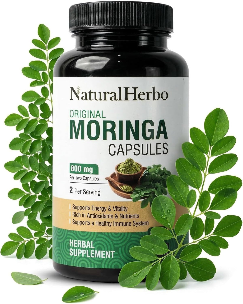 Cápsulas de Moringa Pura - Extracto de Hoja de Moringa para Energía Natural, Digestión y Bienestar Diario | Superfood Verde Vegano | 120 Cápsulas (800mg)
