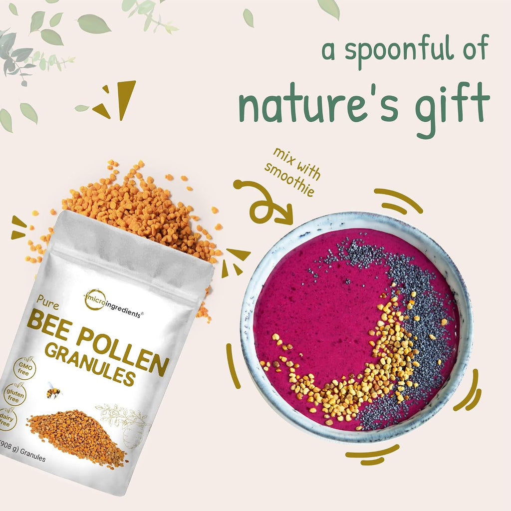 Micro Ingredients Gránulos de Polen de Abeja, 908 g (2 lb), Superalimento Natural, Crudo, Sin OGM, Sin Gluten