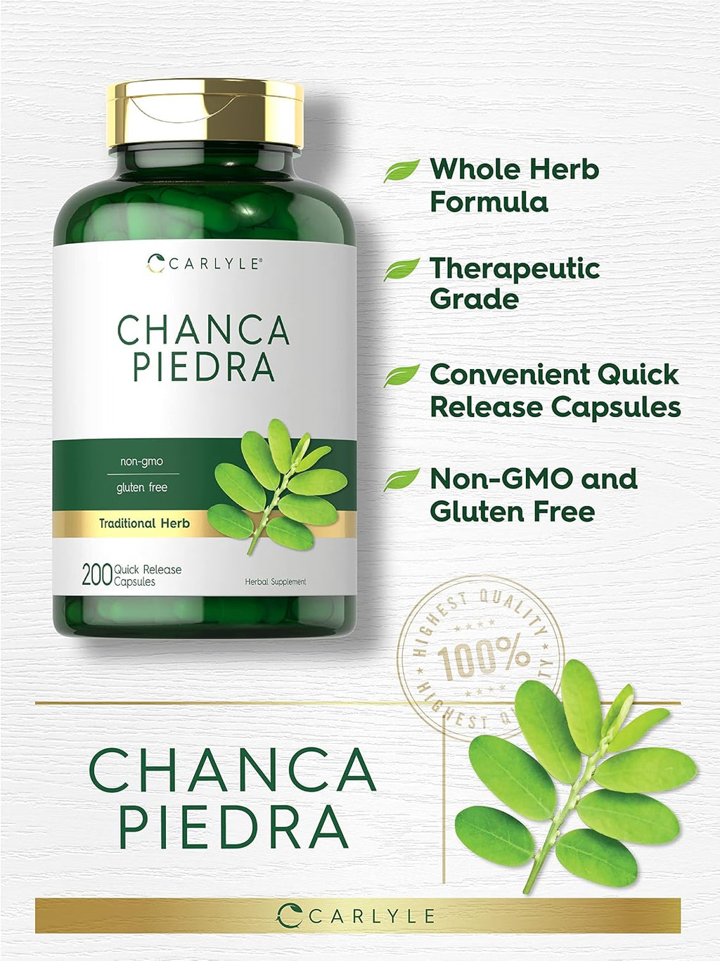 Carlyle Chanca Piedra Cápsulas | 500 mg | 200 Unidades | Hierba Tradicional | Sin Gluten y No-GMO