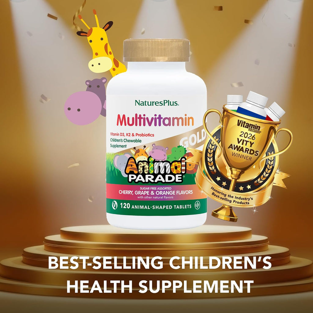 NaturesPlus Animal Parade Gold Multivitamínico Infantil - 60 Comprimidos Masticables Sabores Cereza, Naranja y Uva (Pack de 2)
