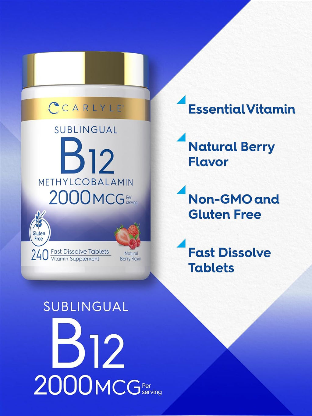 Carlyle Vitamina B12 2000 mcg - 240 Comprimidos Sublinguales de Metilcobalamina - Sabor a Bayas - Suplemento Vegetariano, No OGM y Sin Gluten