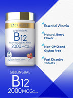 Carlyle Vitamina B12 2000 mcg - 240 Comprimidos Sublinguales de Metilcobalamina - Sabor a Bayas - Suplemento Vegetariano, No OGM y Sin Gluten
