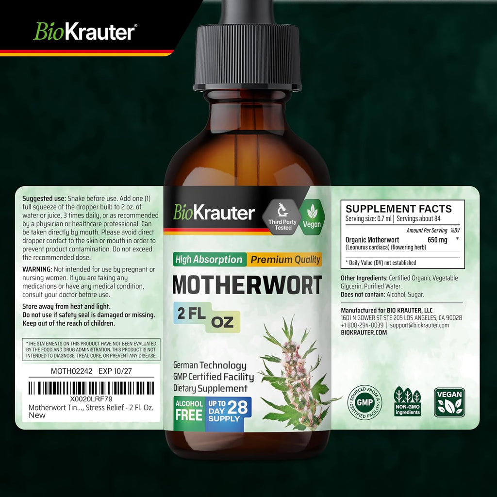 BIO KRAUTER® Tintura de Motherwort - Suplemento Vegano para la Menopausia y Perimenopausia - 2 Fl Oz (59 ml) - 28 Días de Suministro