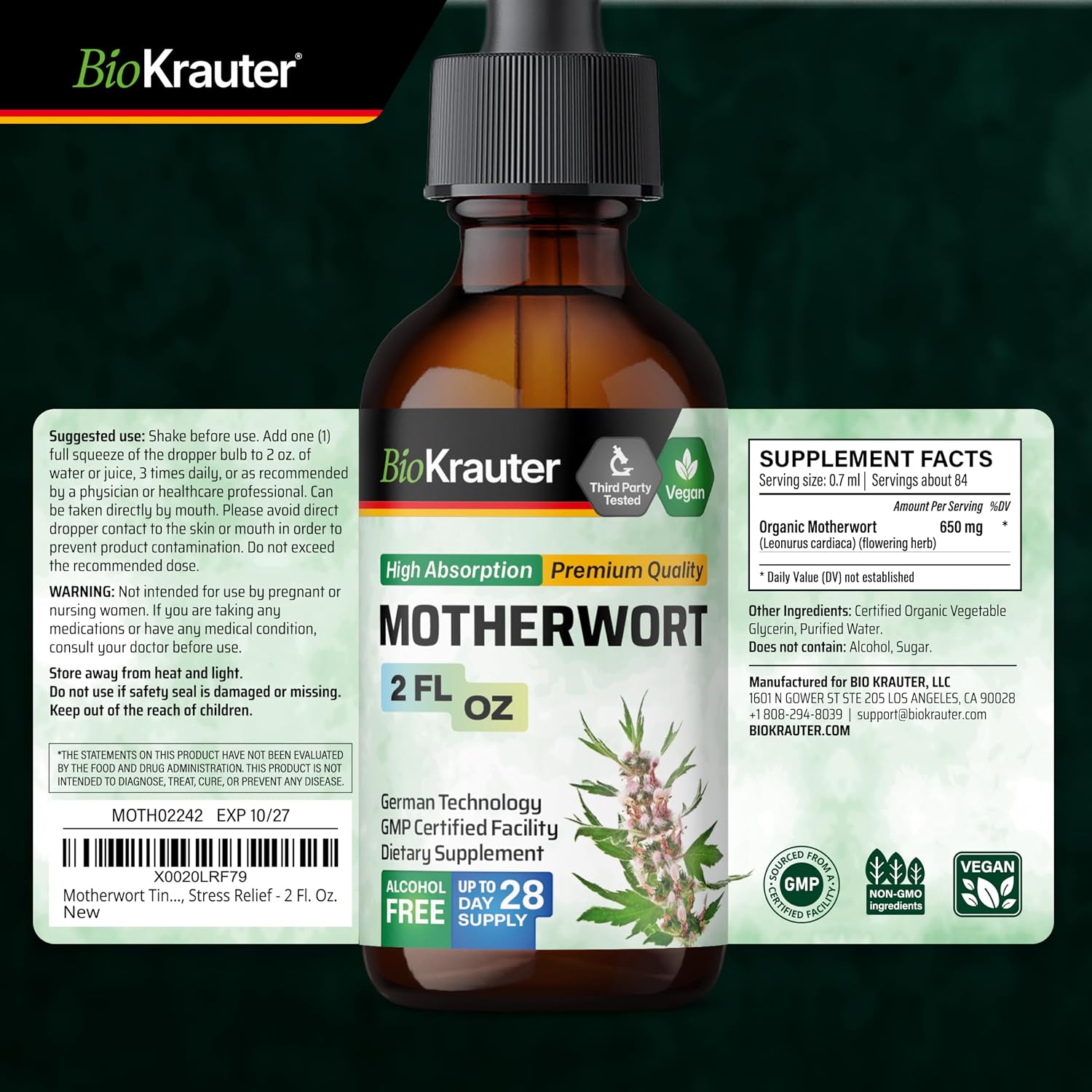 BIO KRAUTER® Tintura de Motherwort - Suplemento Vegano para la Menopausia y Perimenopausia - 2 Fl Oz (59 ml) - 28 Días de Suministro