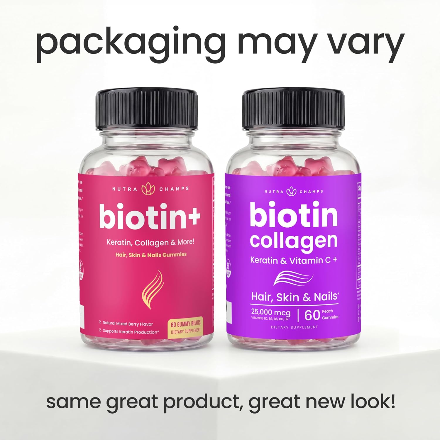 NutraChamps Gominolas de Biotina 5000mcg con Colágeno, Queratina y Más – Vitaminas para Cabello, Piel y Uñas – Enriquecido con Vitamina C, D3 y Zinc