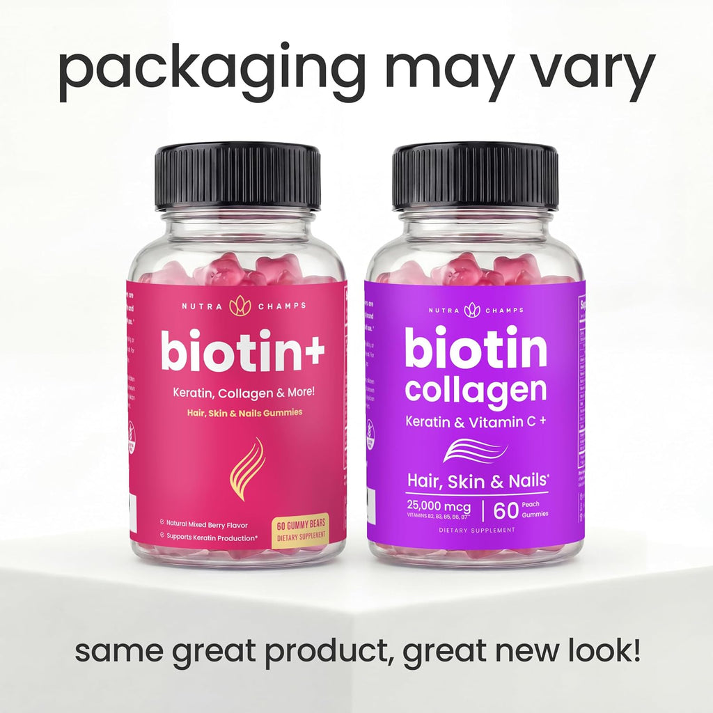 NutraChamps Biotin Gummies 5000 mcg con Colágeno y Queratina – Vitaminas para Cabello, Piel y Uñas