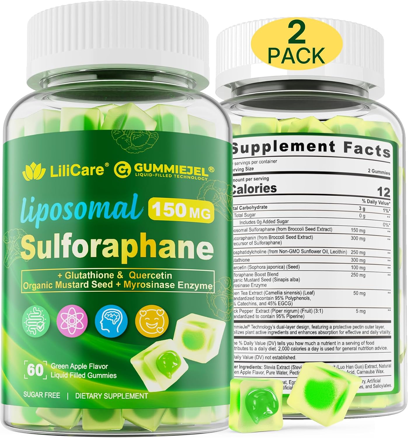 Suplemento de Sulforafano Liposomal 150mg - Gominolas con Extracto de Brócoli, Quercetina y Glutatión - 120 unidades