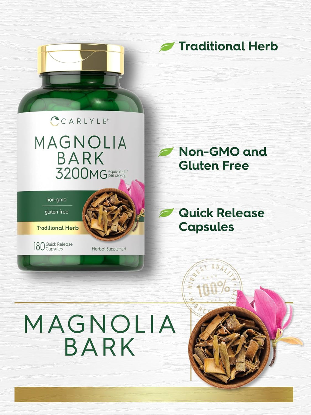 Carlyle Corteza de Magnolia | 180 Cápsulas en Polvo | Suplemento de Extracto Herbal | No-GMO, Sin Gluten