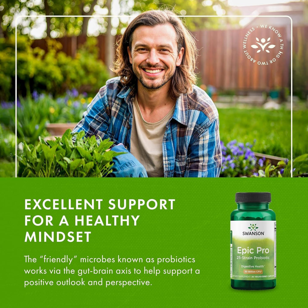 Swanson Epic-Pro 25 Cepas Probiótico con Prebiótico FOS - 30 mil millones UFC (30 Cápsulas Veganas DRcaps)