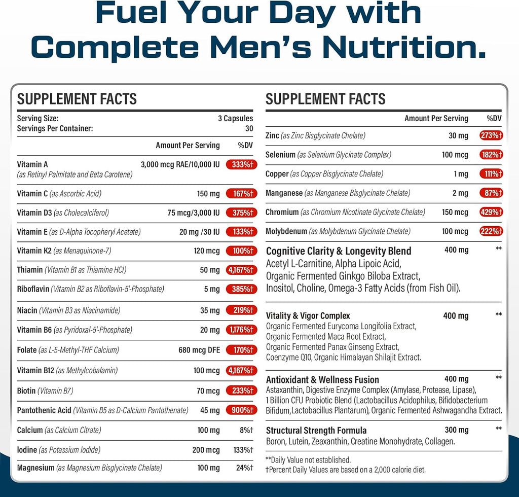 Multivitamínico para Hombres 50+ con B12 Metilada y Folato, 180 Cápsulas