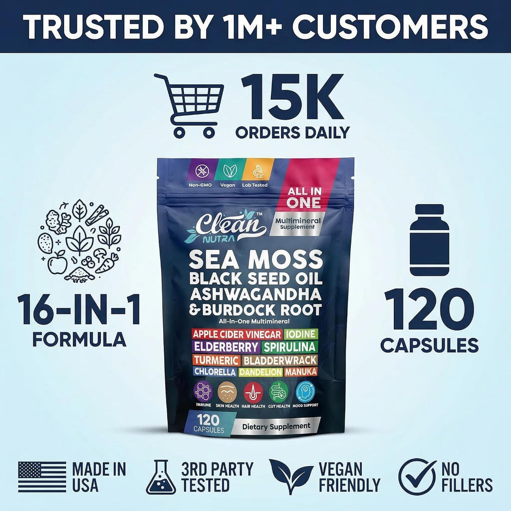 Clean Nutraceuticals Sea Moss Black Seed Oil Ashwagandha Turmeric Bladderwrack Burdock con Vitamina C y D3, 120 cápsulas