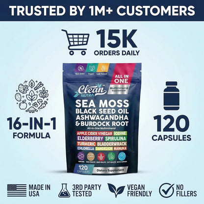 Clean Nutraceuticals Sea Moss Black Seed Oil Ashwagandha Turmeric Bladderwrack Burdock con Vitamina C y D3, 120 cápsulas – Image 8
